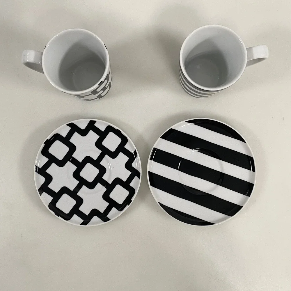 Crate & Barrel Demitasse Espresso Cups Saucers White Black Geometric Porcelain